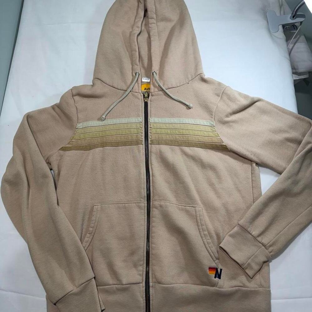 Aviator Nation 5 Stripe Full Zip Hoodie womans M Sand Beige